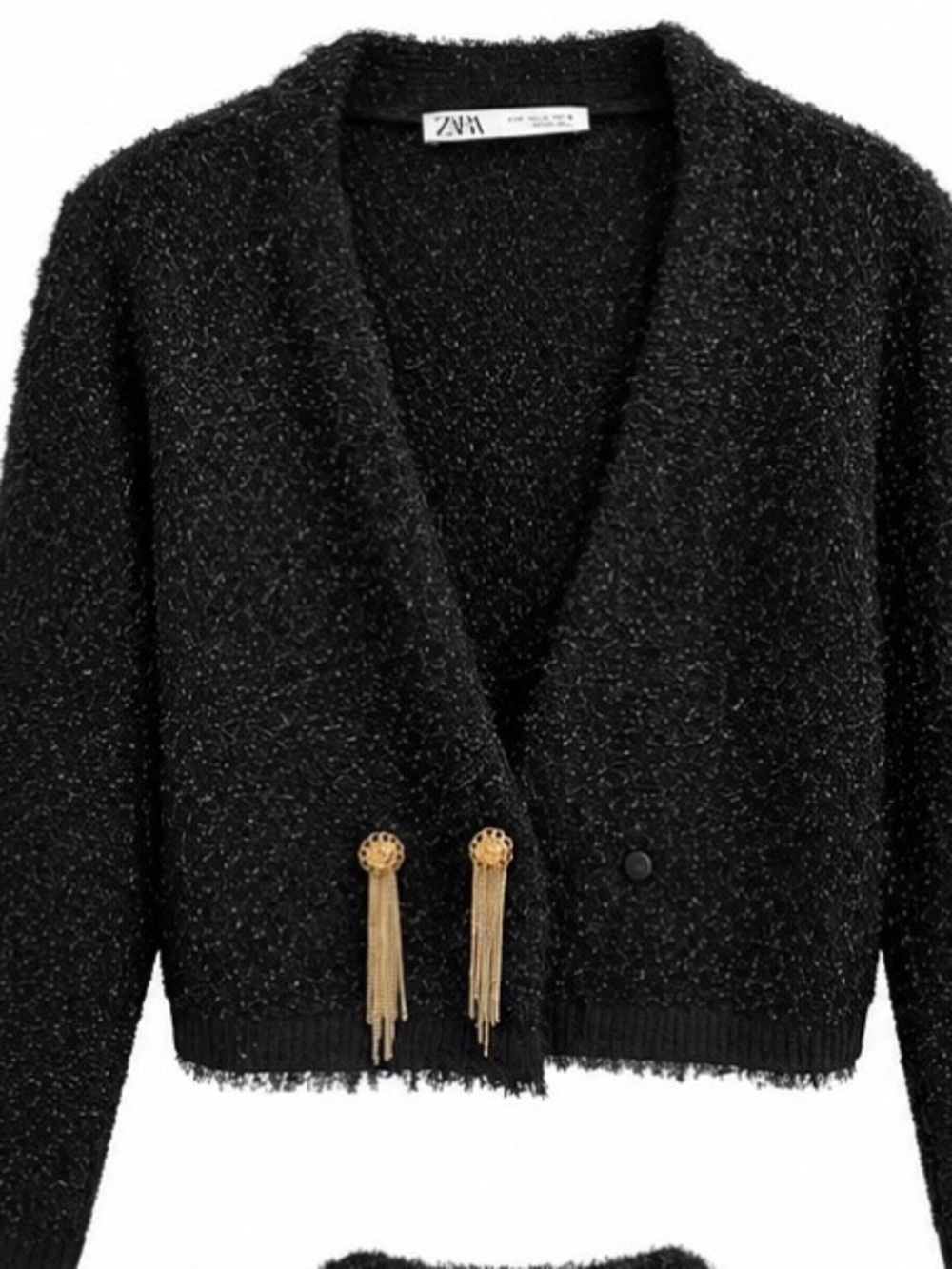 Zara Black V-Neck Textured Knit Cardigan with Gold Tassel Accents